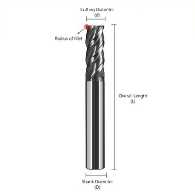 70HRC 4-Flute Bull Nose Tungsten Carbide End Mill with 35 Degree Helix Angle and Balzers Coating for Stainless Steel and Titanium Alloy